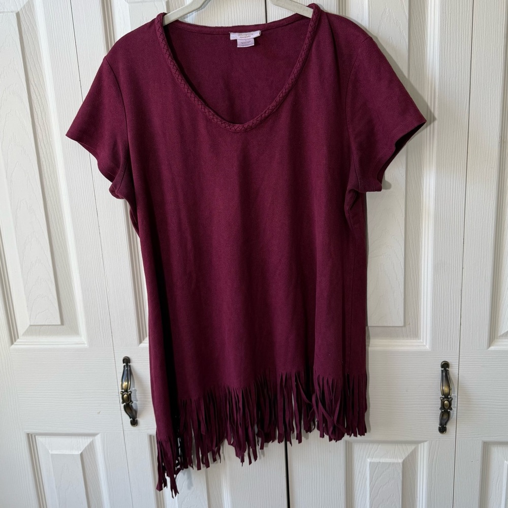 Vintage Wrangler Faux Suede Cranberry Asymmetrical Fringe Top Women’s size L
